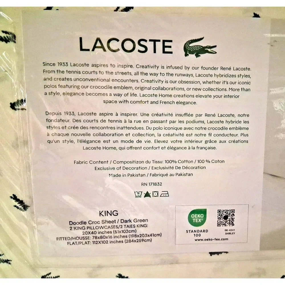 Lacoste King Sheet Set 100% Percale Cotton Doodle Green Croc Motif 4 Piece White